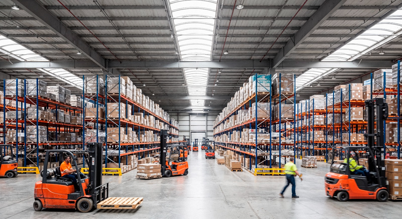 Forklift loading commercial pallets into storage racking